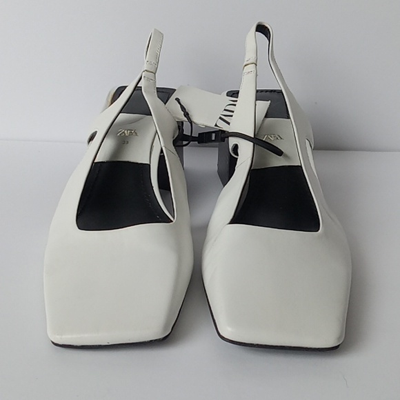 NWT Zara Genuine Leather Cream Slingback Square Toe Chunky Kitten Heels - Picture 3 of 7